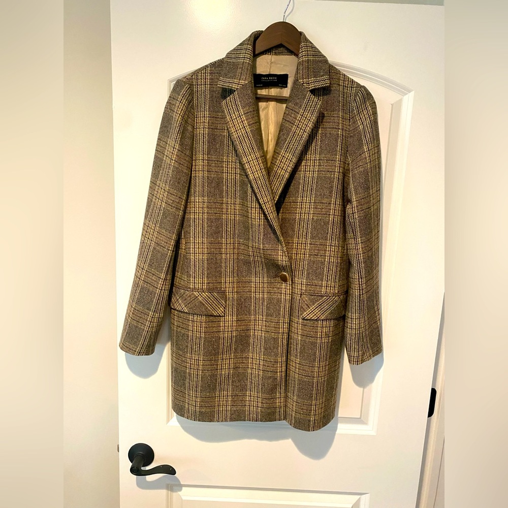 NWOT Zara Women Glen Wool Blend Brown Taupe coat blazer style